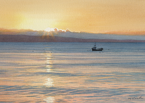 A watercolour painting of sunrise at Tenby by Margaret Heath RSMA.